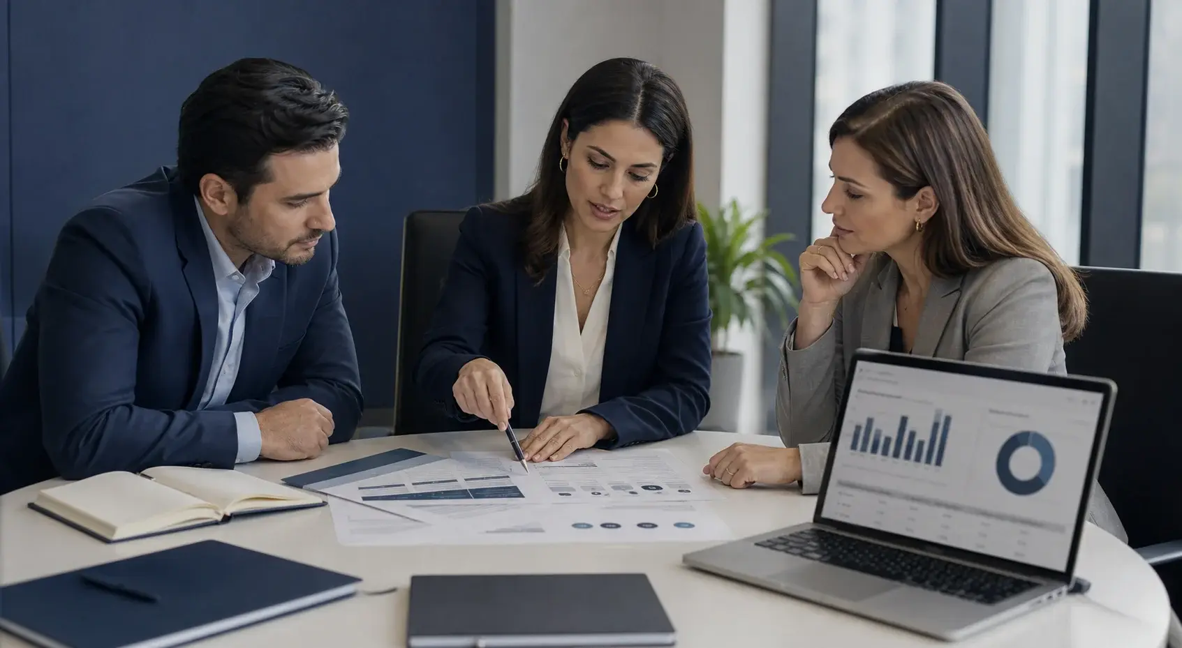 Consultora financiera y líderes empresariales comparan opciones para definir una decisión de financiamiento estructurada y adecuada para la empresa.